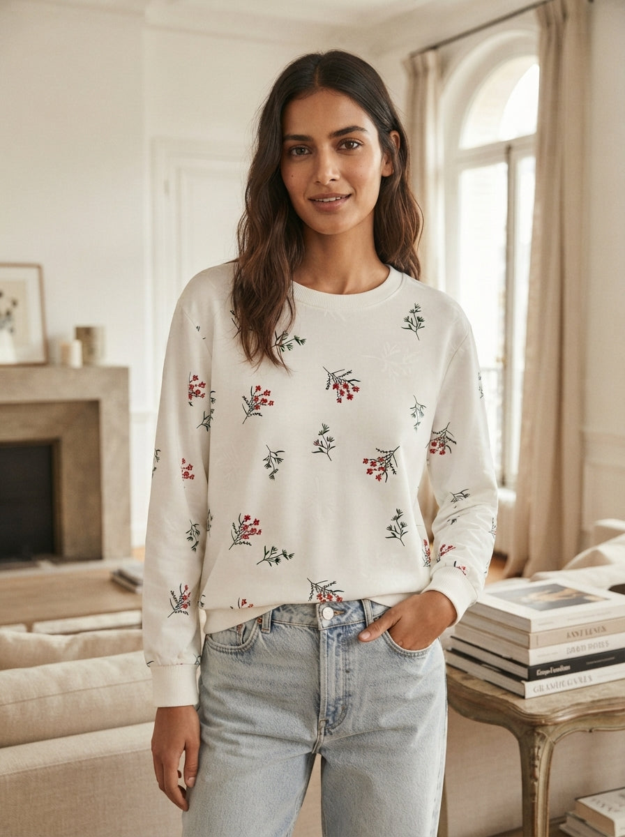 White Floral Printed Crew-Neck Sweatshirt