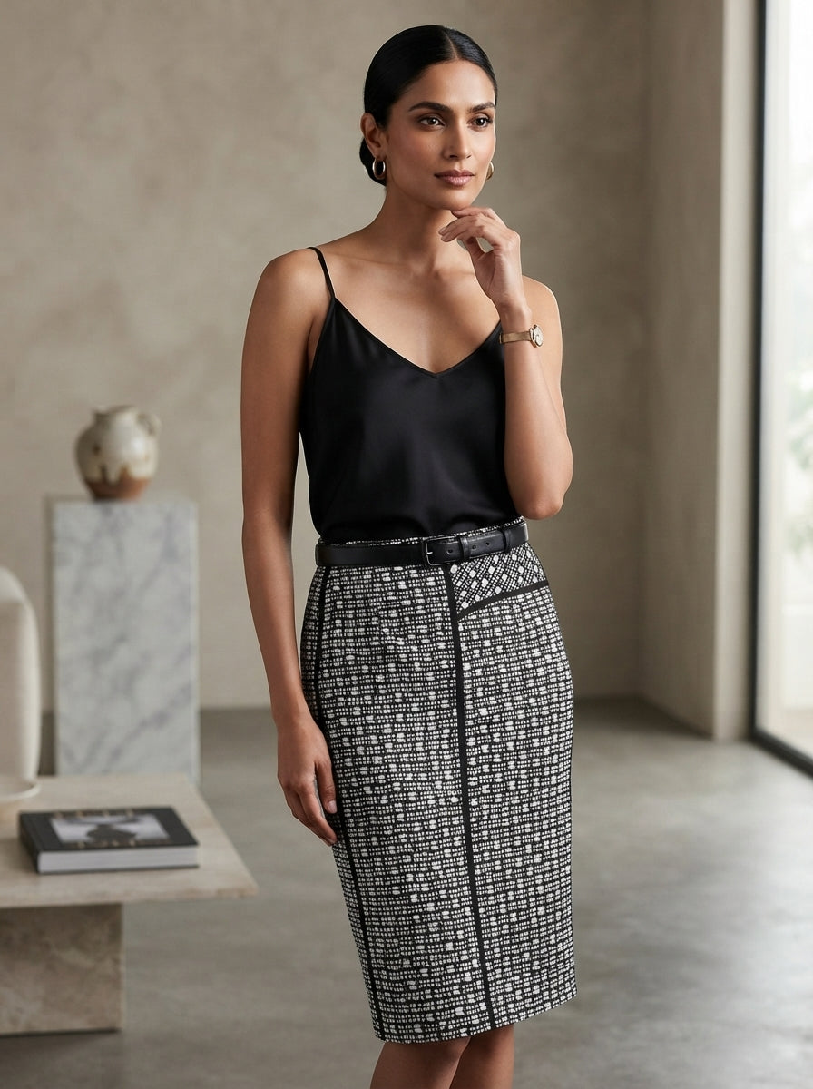 Women's Black & White Self Design Regular Fit Skirt