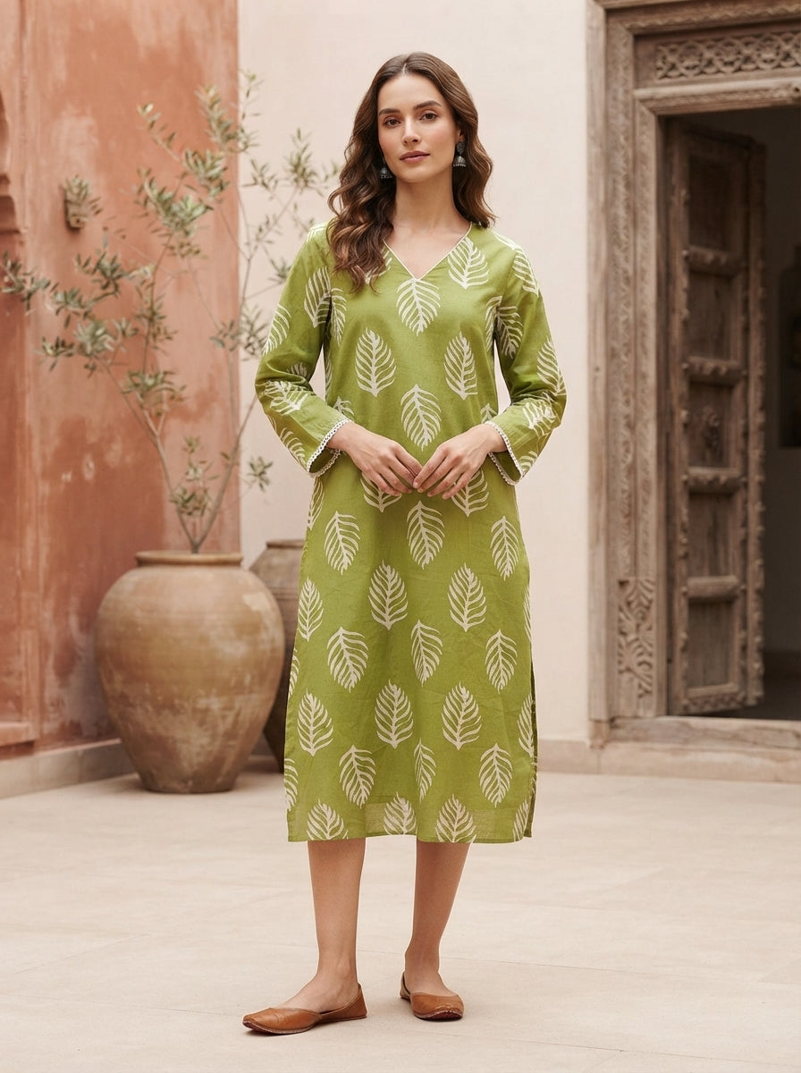 Green Printed Leaf Pattern Kurti