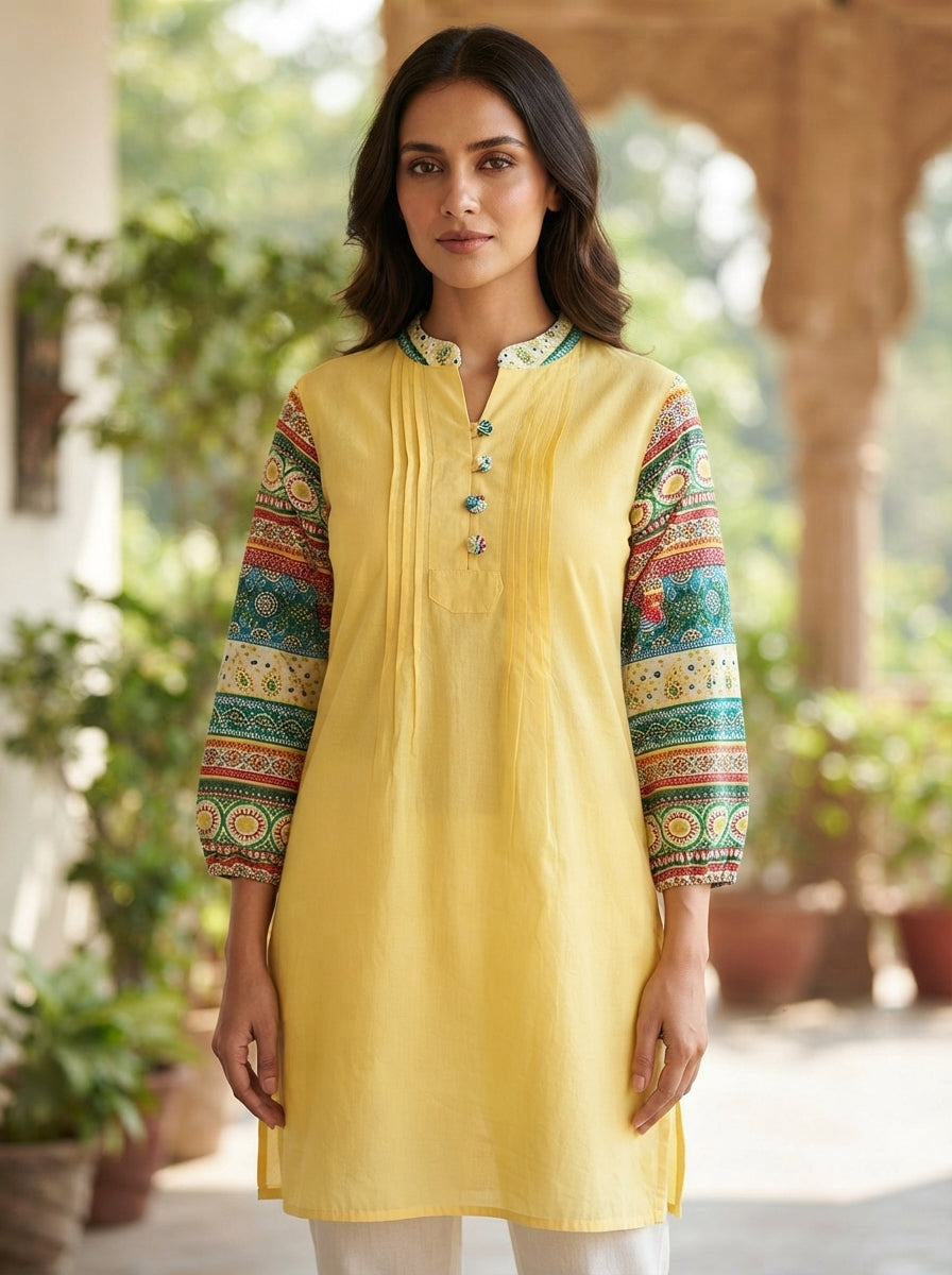 Yellow Printed Kurti with Ethnic Sleeves