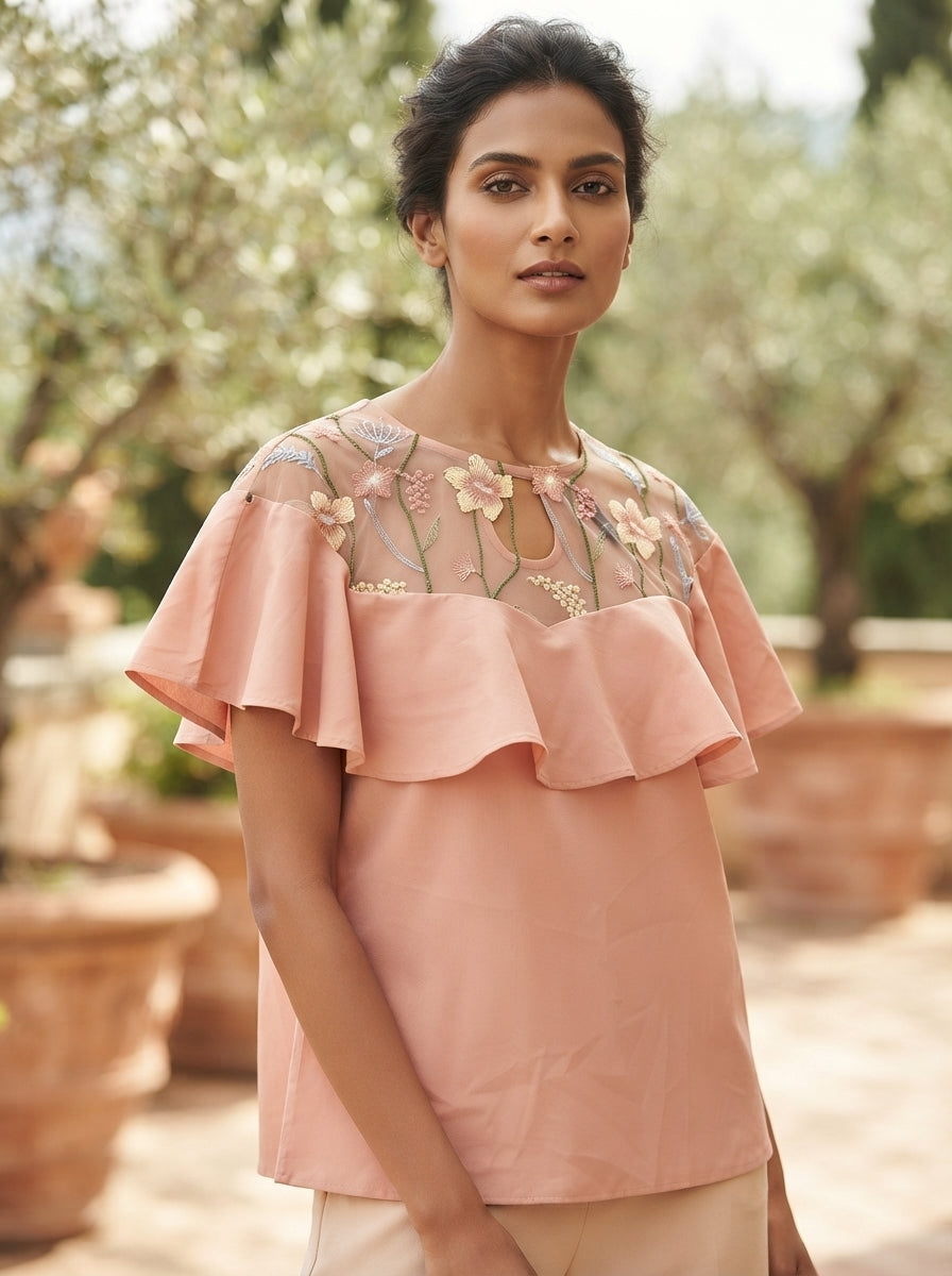 Peach Floral Embroidered Ruffle Top
