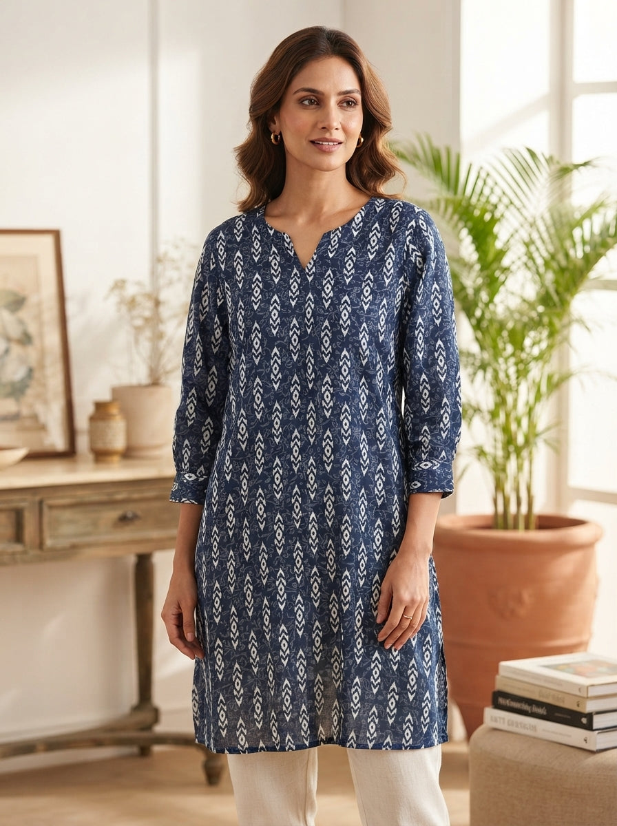 Navy Blue Ethnic Print Relaxed Fit Kurti