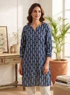 Navy Blue Ethnic Print Relaxed Fit Kurti