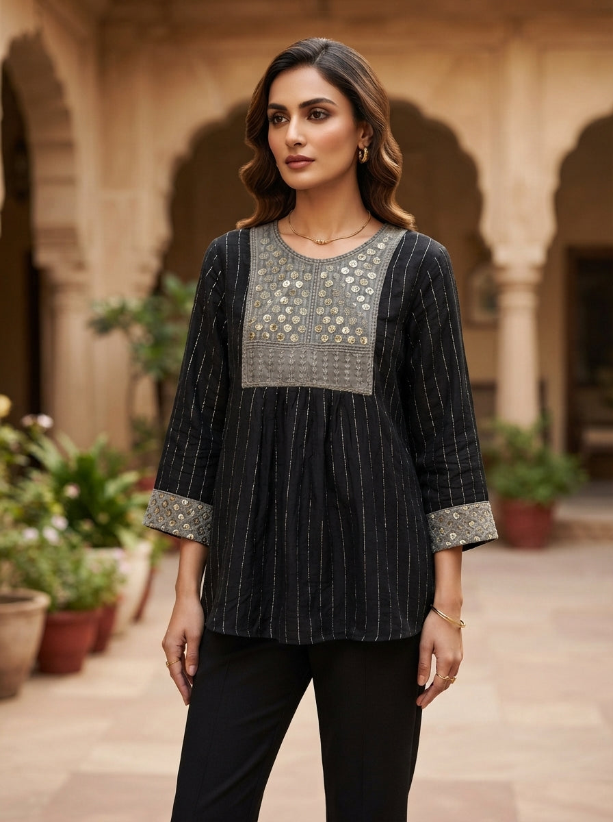 Black Striped Embellished Kurti