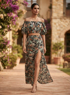 Women's Floral Print Off-Shoulder Crop Top and Skirt Co-ord Set