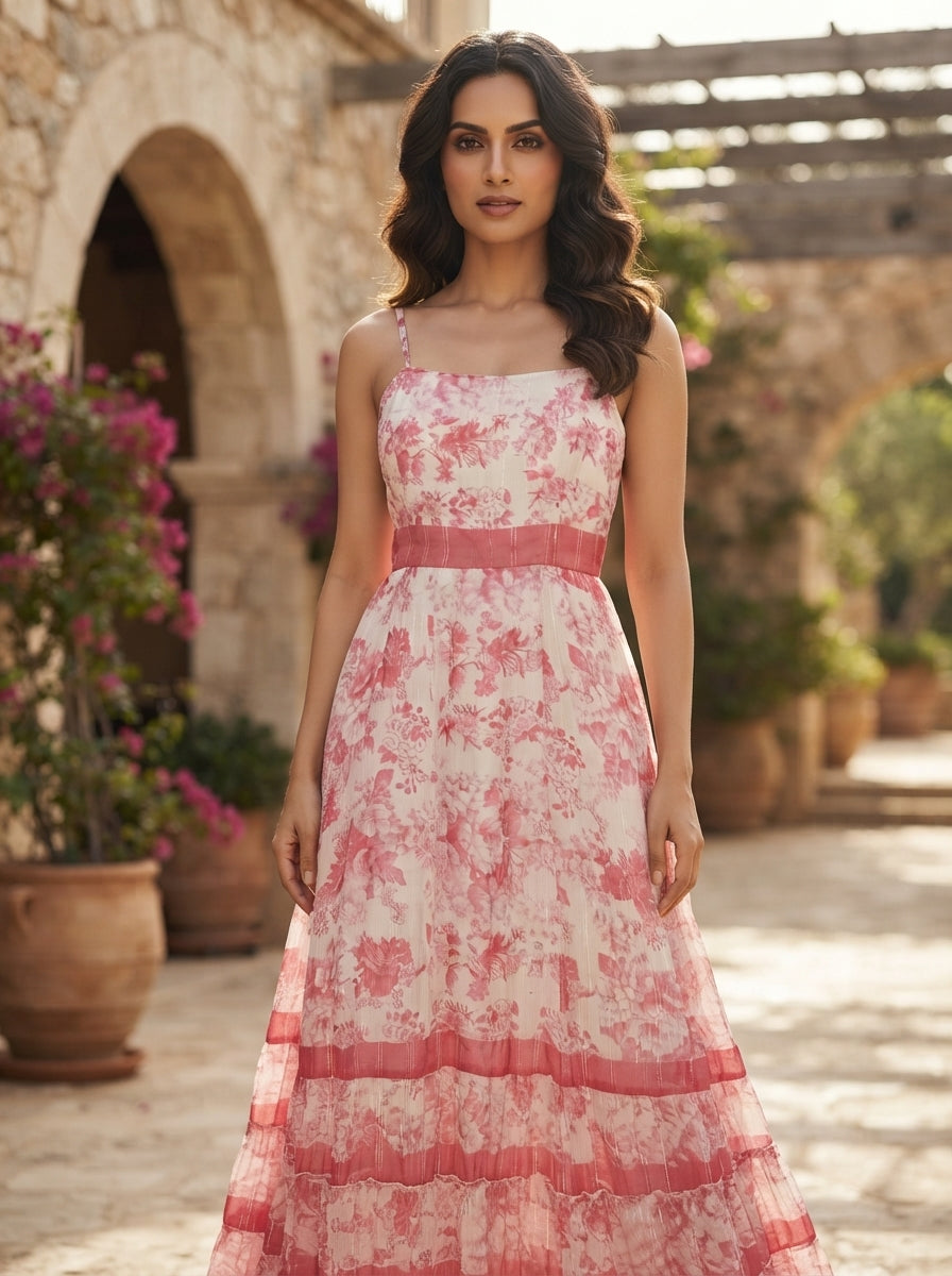 Women's Pink Floral Printed Flared Dress