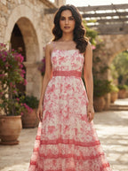 Women's Pink Floral Printed Flared Dress