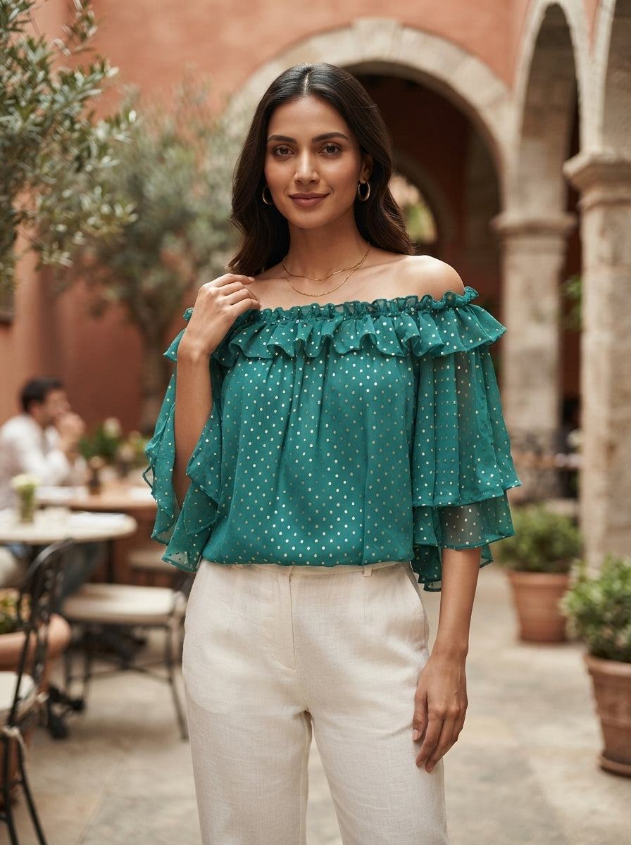 Teal Polka Dot Ruffled Off-Shoulder Top