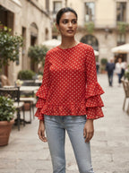 Red Polka Dot Ruffle Sleeve Top
