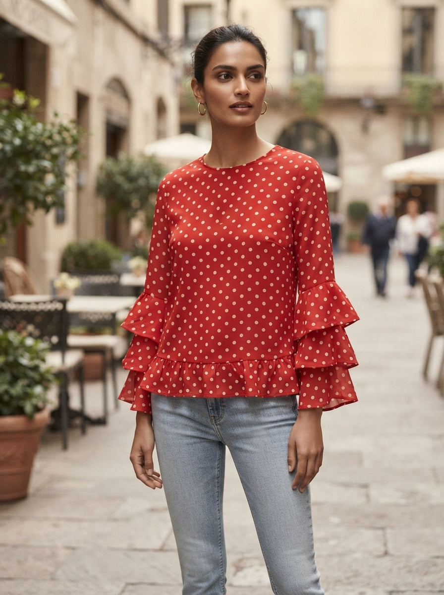 Red Polka Dot Ruffle Sleeve Top