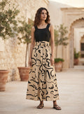 Women's Black & Beige Abstract Print Color Block Maxi Dress