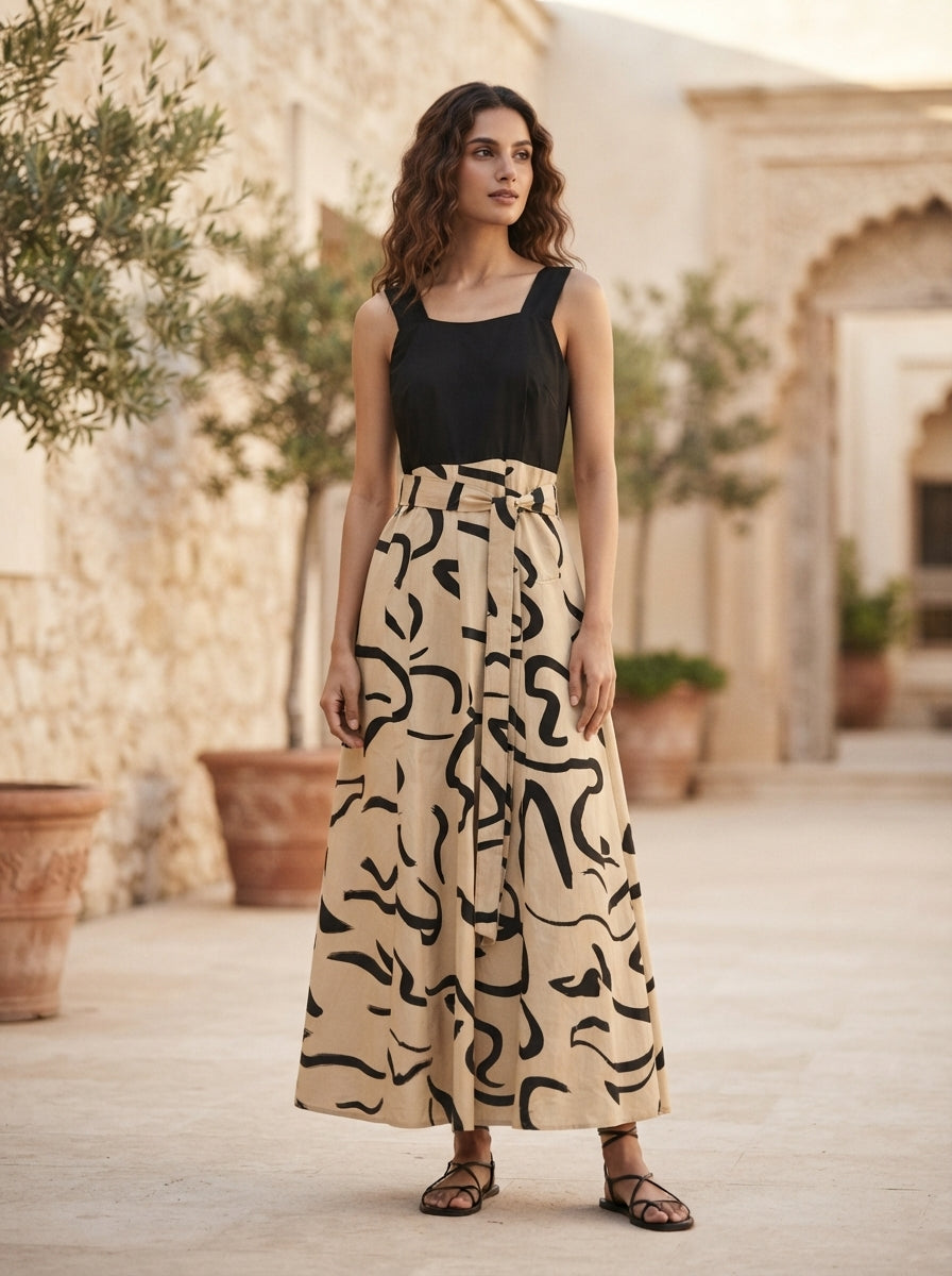 Women's Black & Beige Abstract Print Color Block Maxi Dress