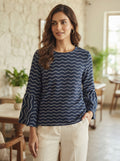Navy Blue Geometric Print Bell Sleeve Top