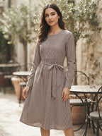 Brown & White Checkered Casual Midi Dress