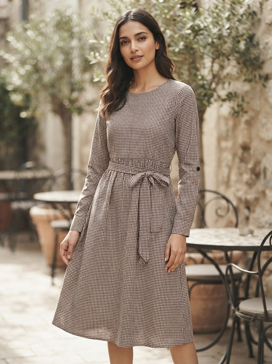 Brown & White Checkered Casual Midi Dress