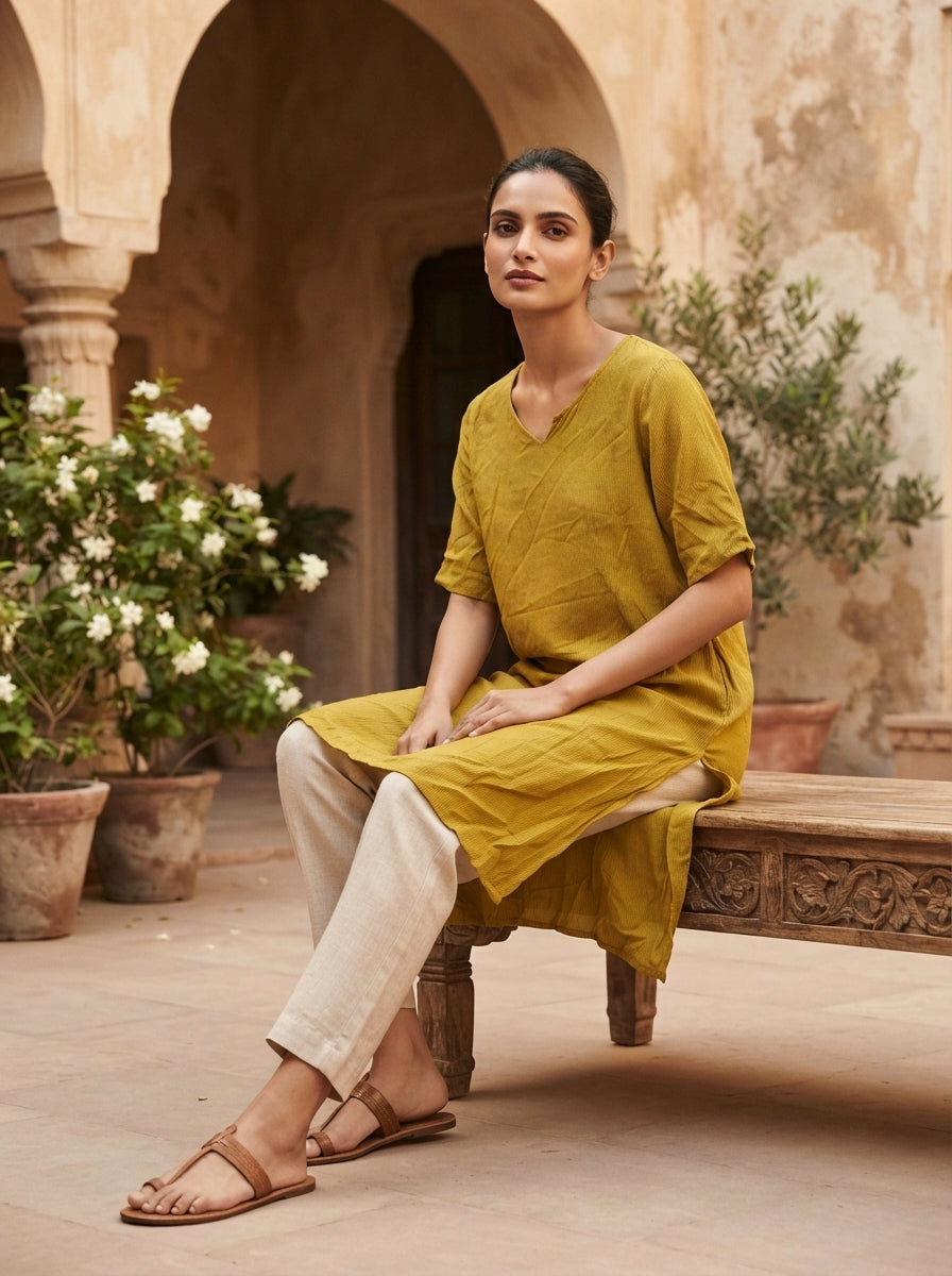 Mustard Yellow Self-Design Relaxed Fit Tunic