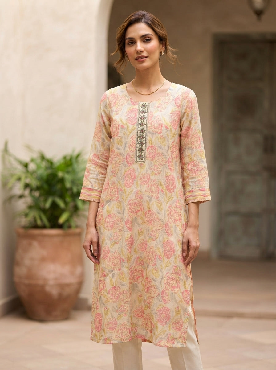 Off White Floral Printed Kurti with Embellished Neckline