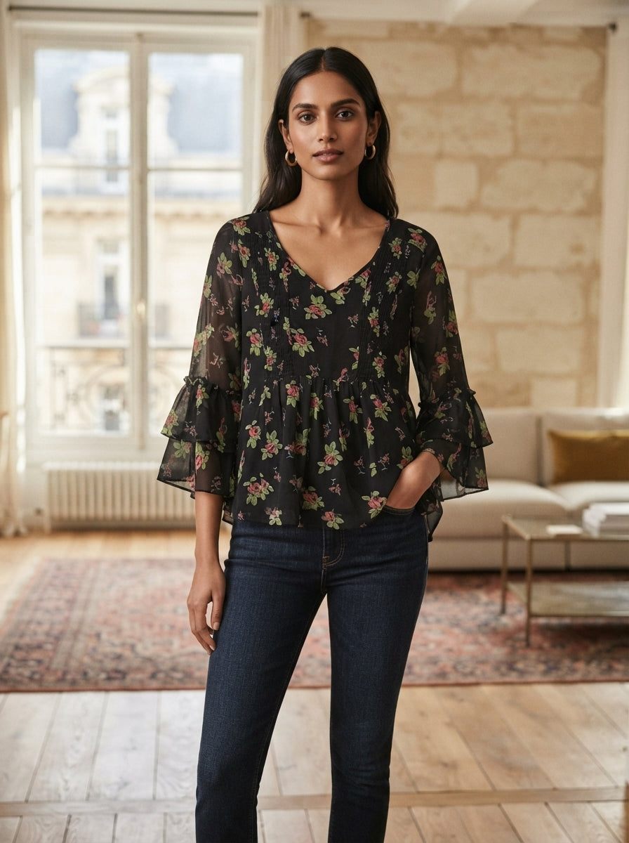 Black Floral Printed V-Neck Top