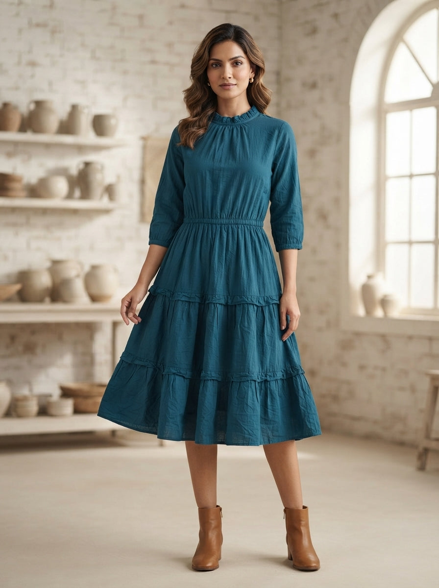 Teal Ruffled Neck Tiered Casual Dress