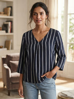 Women's Multi Striped V-Neck Relaxed Fit Top