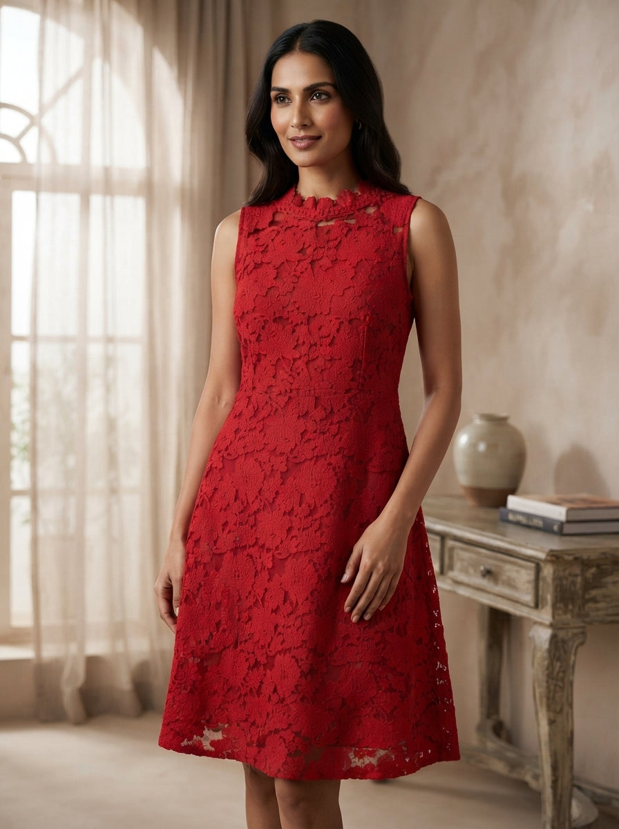 Red Floral Lace Sleeveless Party Dress
