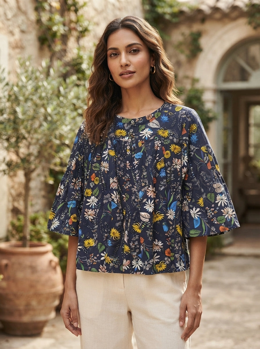 Navy Blue Floral Printed Round Neck Top