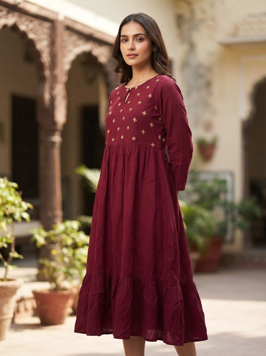 Burgundy Embellished Flared Dress