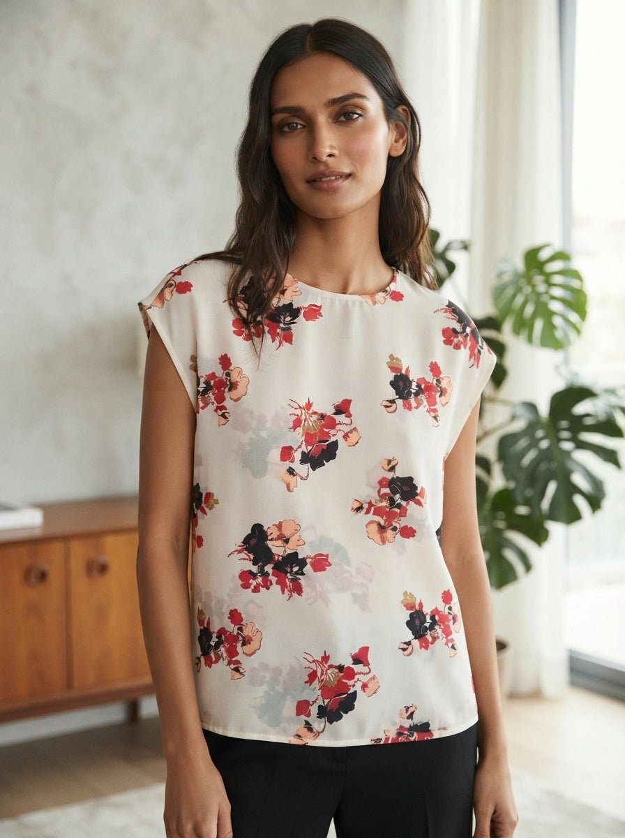 Women's Off White Floral Print Sleeveless Regular Fit Top