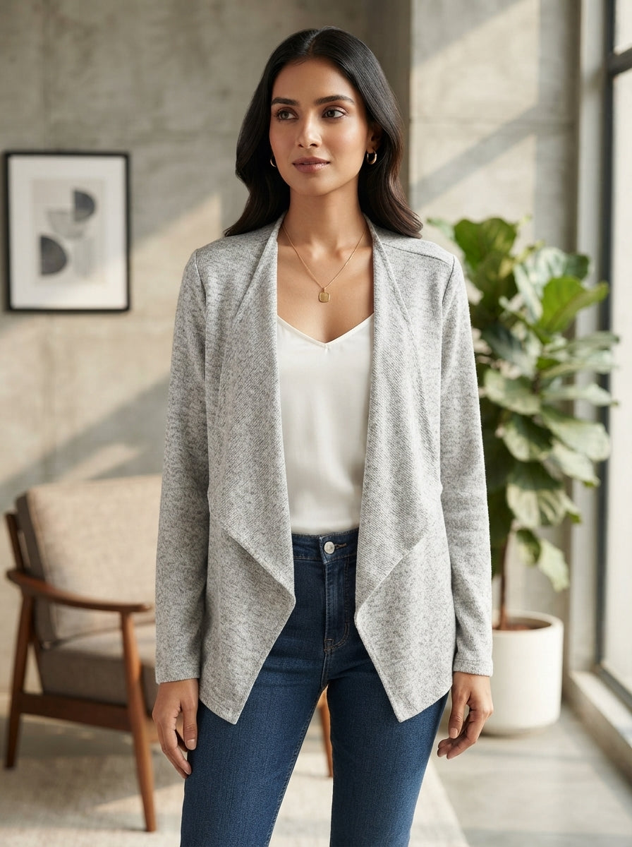 Women's Light Grey Solid Knit Shrug