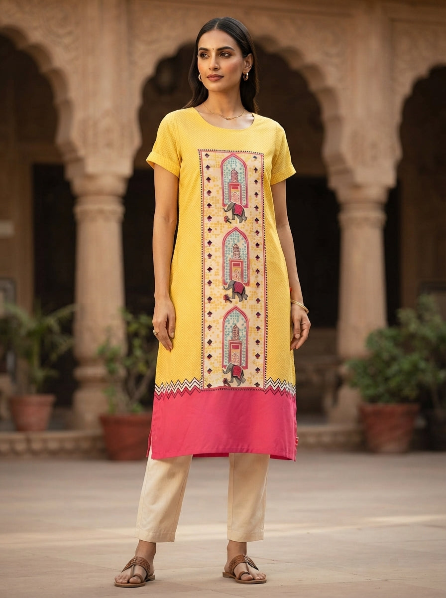 Women's Yellow & Pink Ethnic Print Straight Kurti