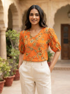 Orange Floral Print V-Neck Top