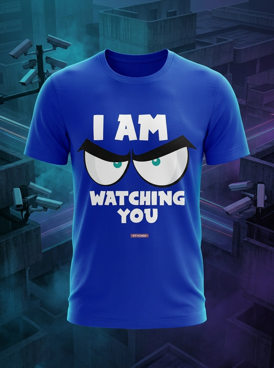 Angry eyes telling us that Big Brother is watching - Quirky Graphic T-Shirt Blue Color