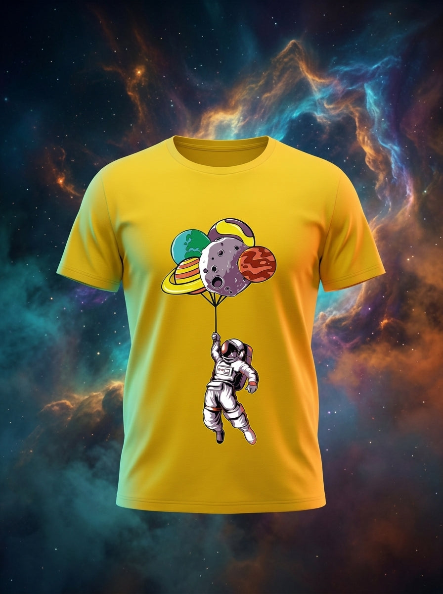 Astronaut And Planets Graphic Printed Yellow Tshirt
