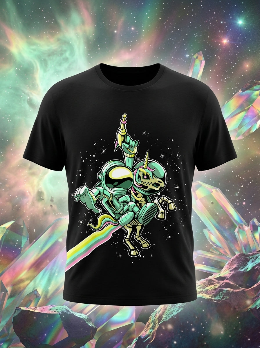 Astronaut And Unicorn Graphic Printed Black Tshirt