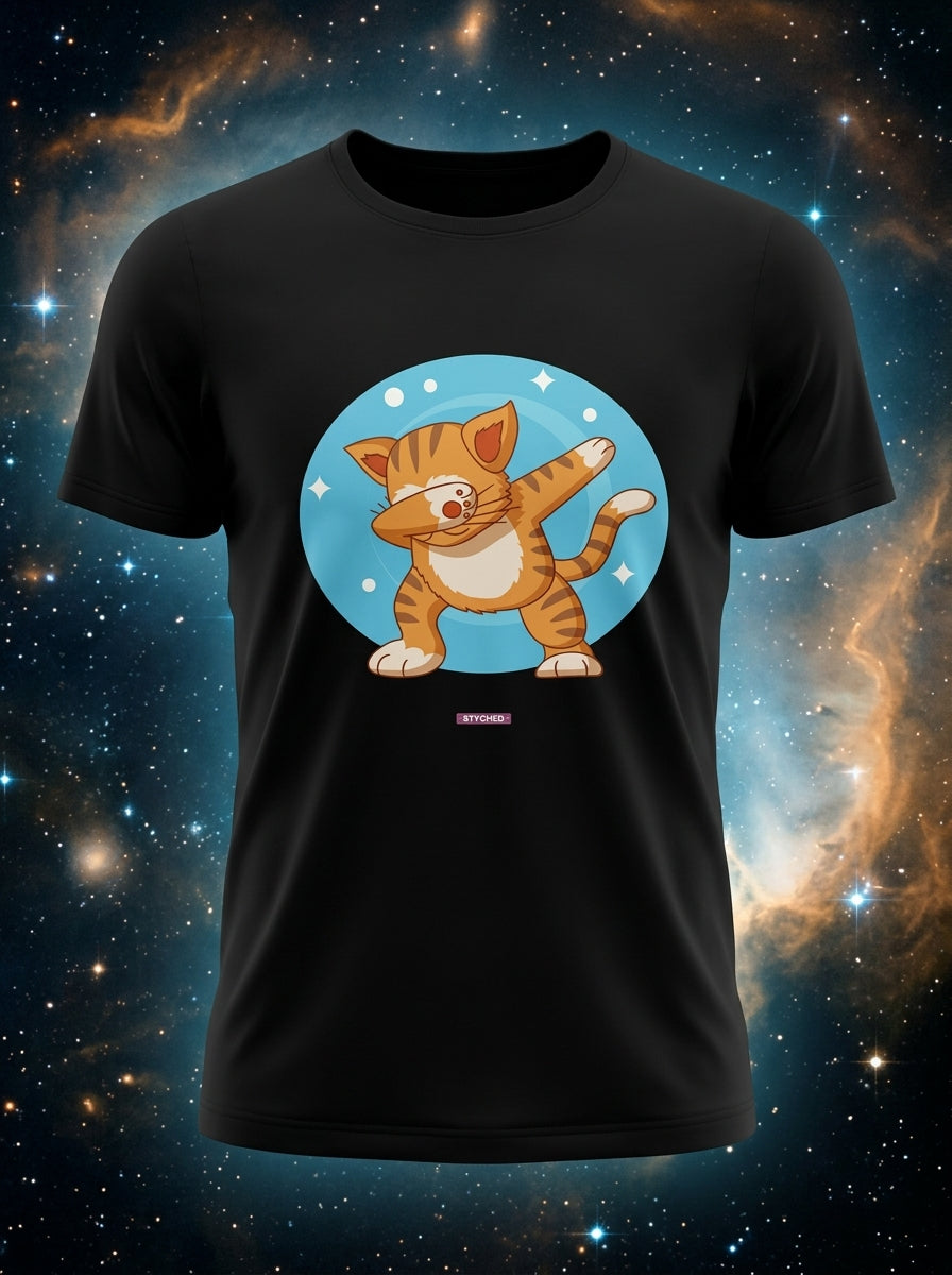 Cat showing off Dab Dance moves - Quirky Graphic T-Shirt Black Color