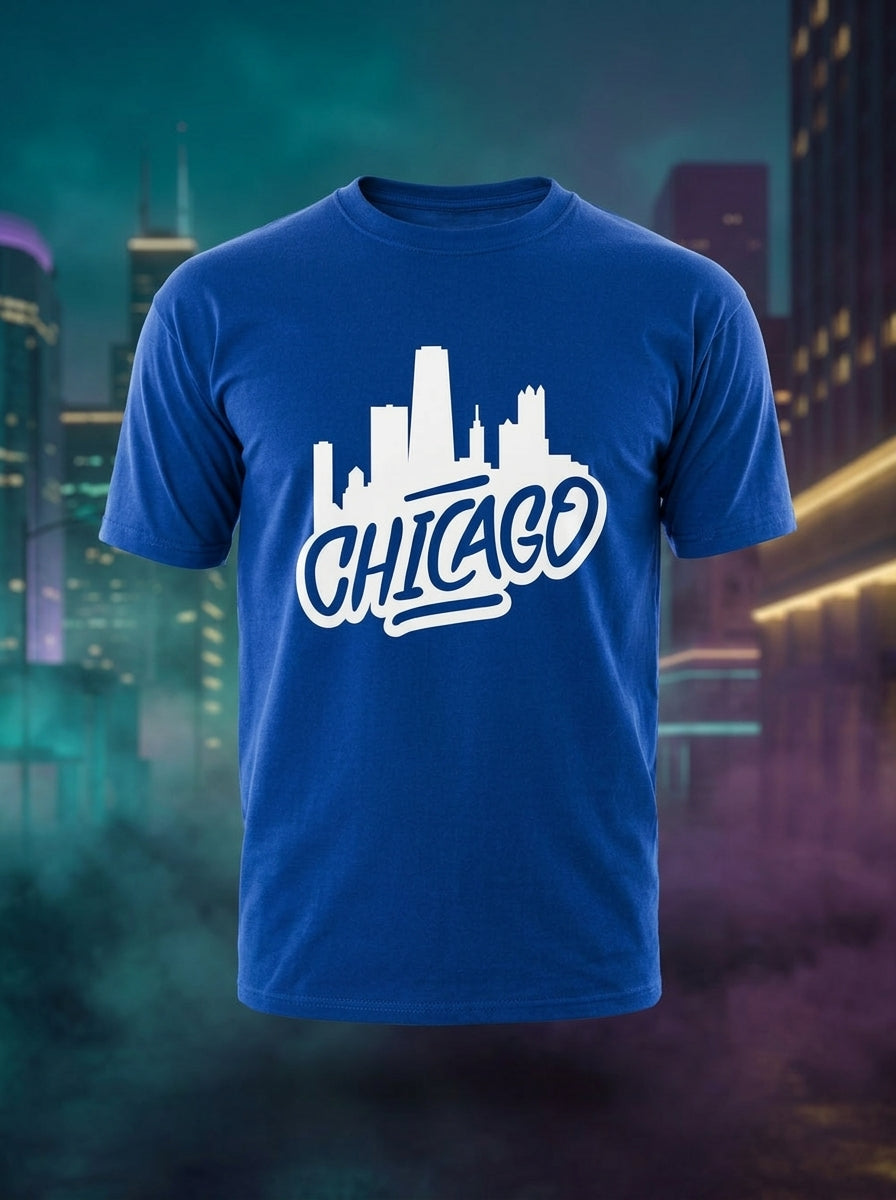 Chicago Skyline - Retro silhouette print blue casual t-shirt
