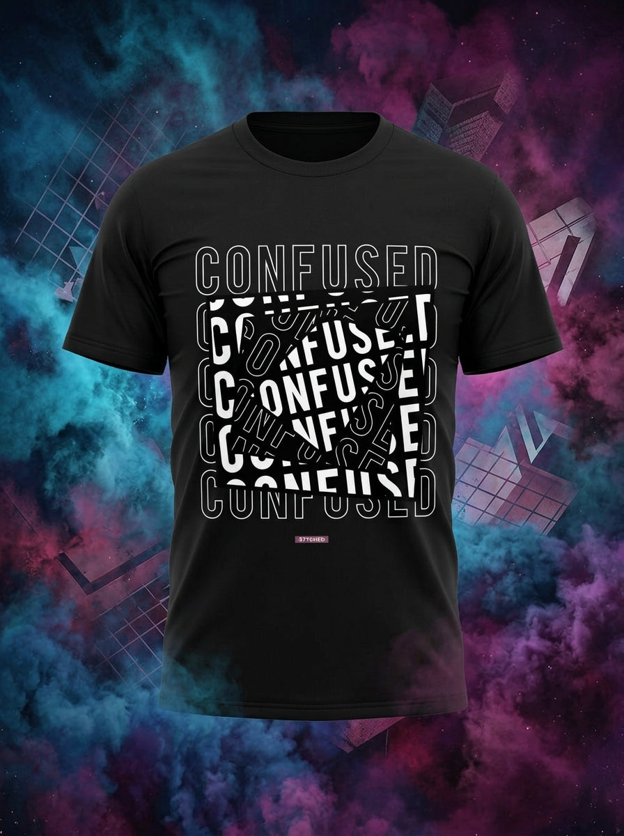 Confused - Textual Casual Black Tee Round neck