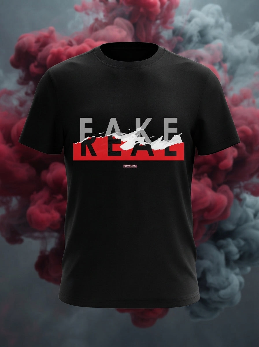 Fake or Real - Torn effect graphic tee black color round neck
