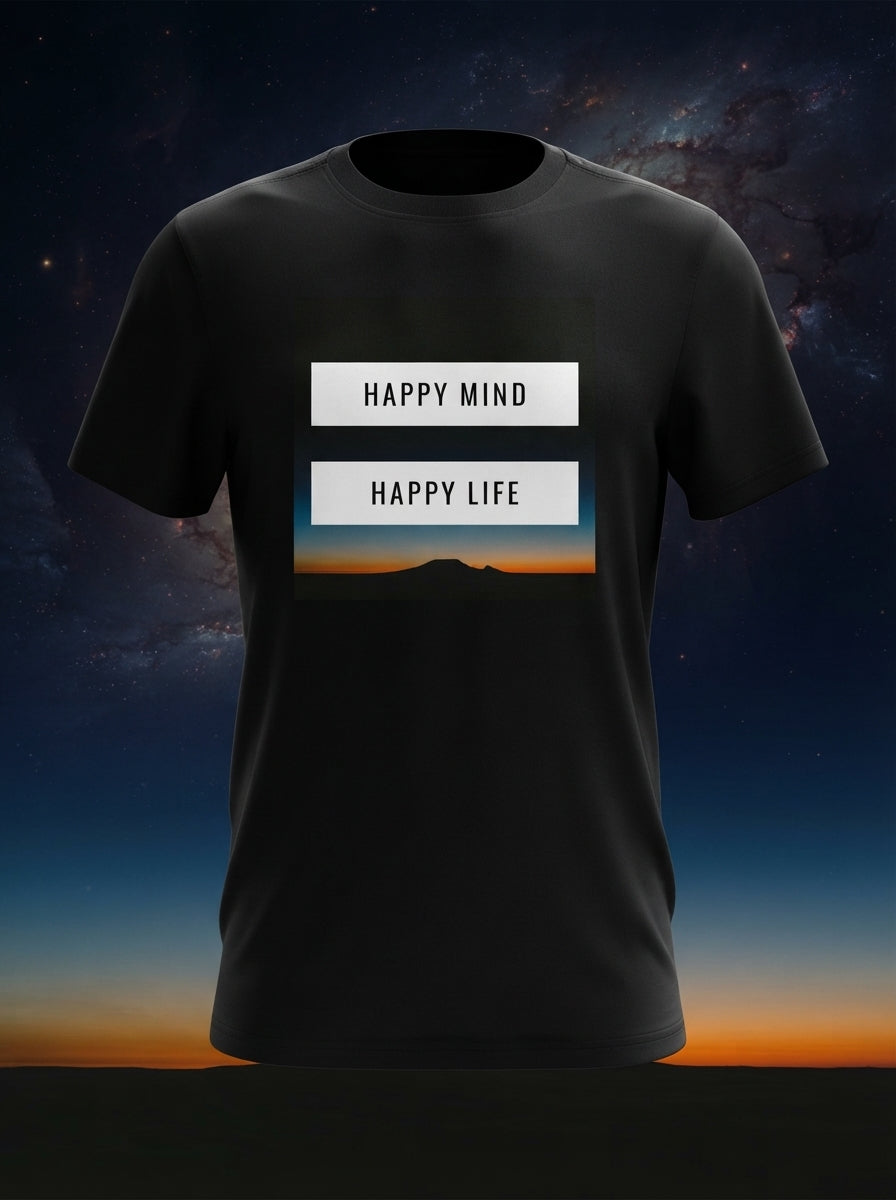 Happy Mind Happy Life - Black block Printed T-Shirt