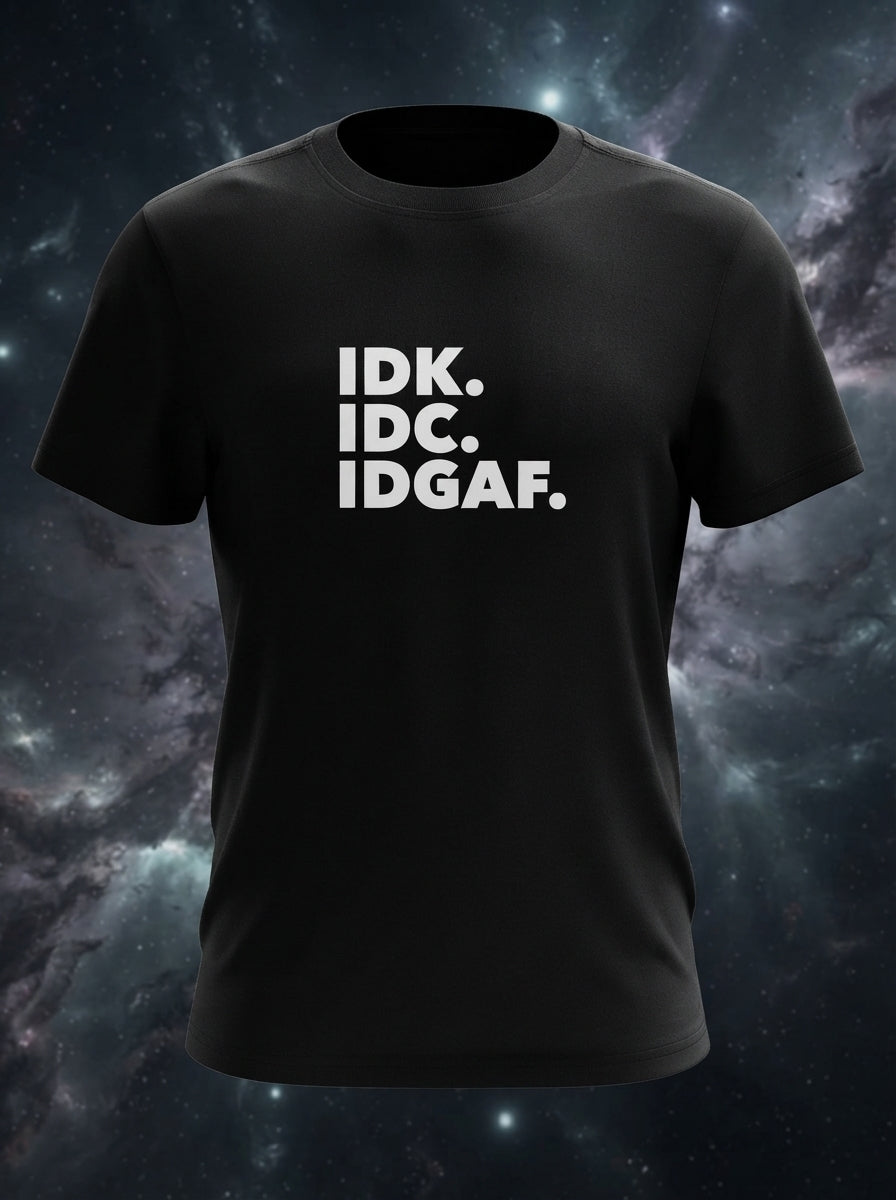 IDK. IDC. IDGAF. - Attitude Tee - Black printed Pure Cotton