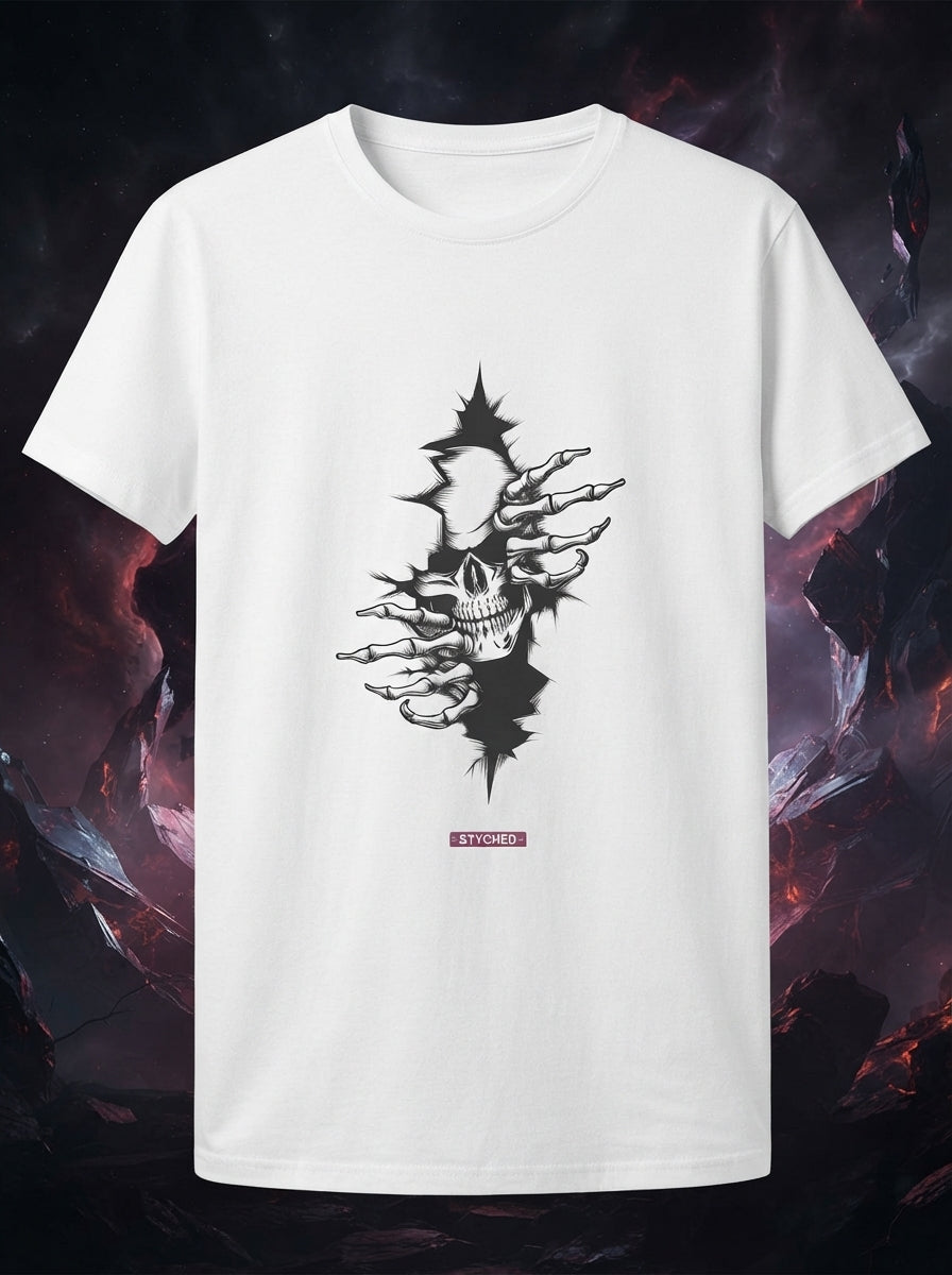 Illusion Print - Skull Tearing out White Casual Tshirt