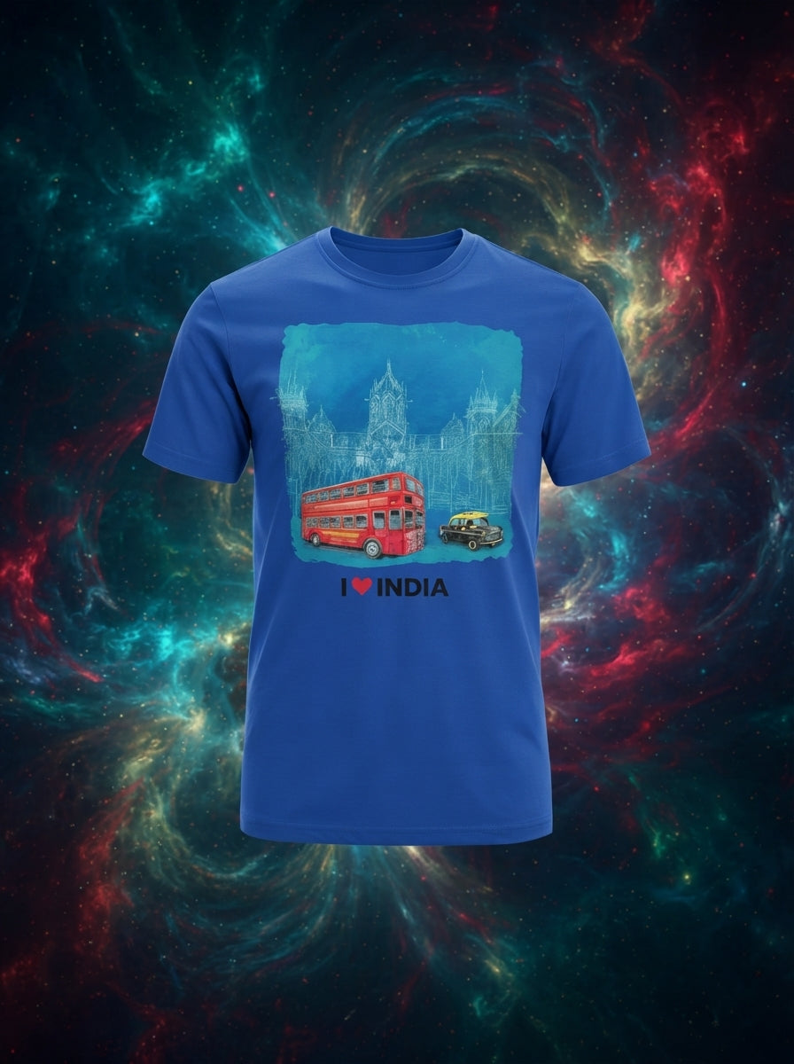 Mumbai Double Decker Bus - Styched in India Graphic T-Shirt Blue Color