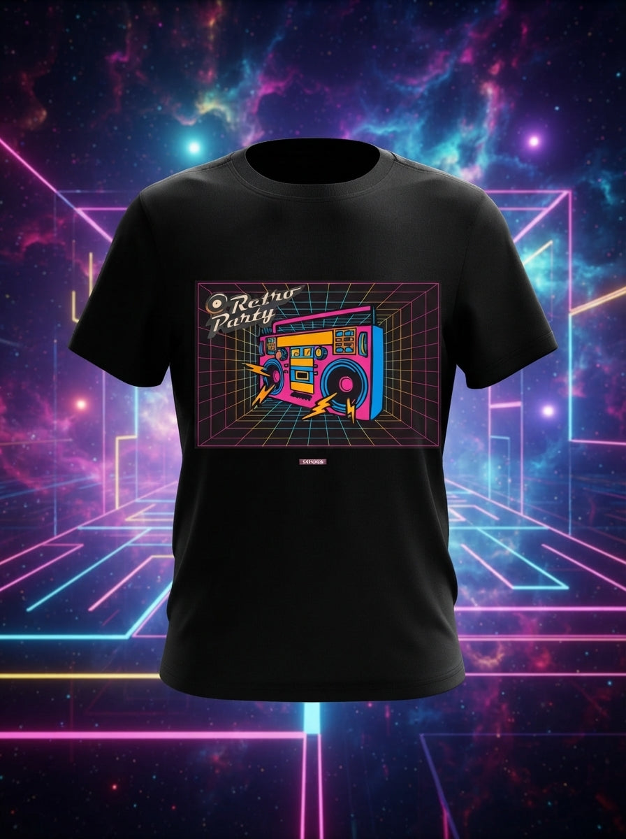 Retro Party - multi LED 80s fashion Black printed graphic Tee