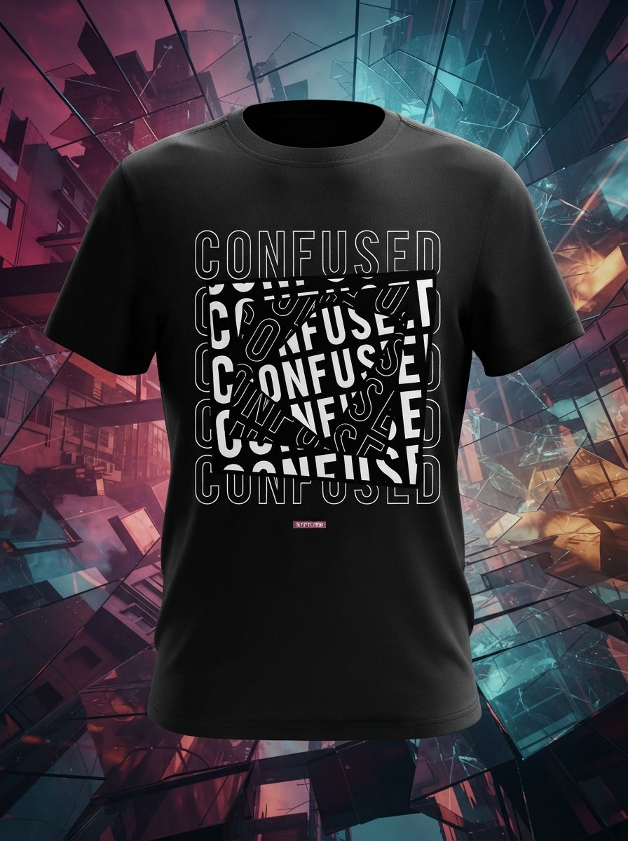 Confused - Textual Casual Black Tee Round neck