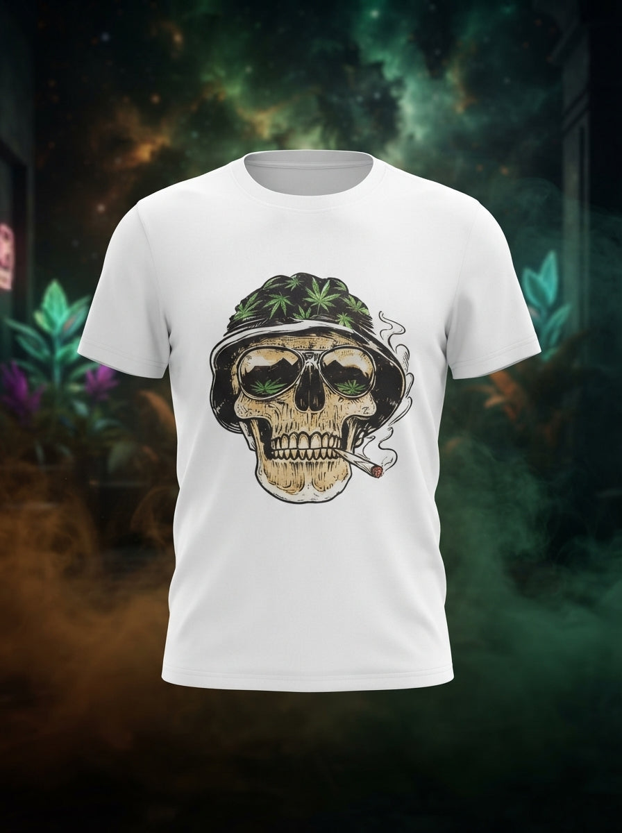 Weed Puffing Skeleton - White Casual Quirky T-Shirt