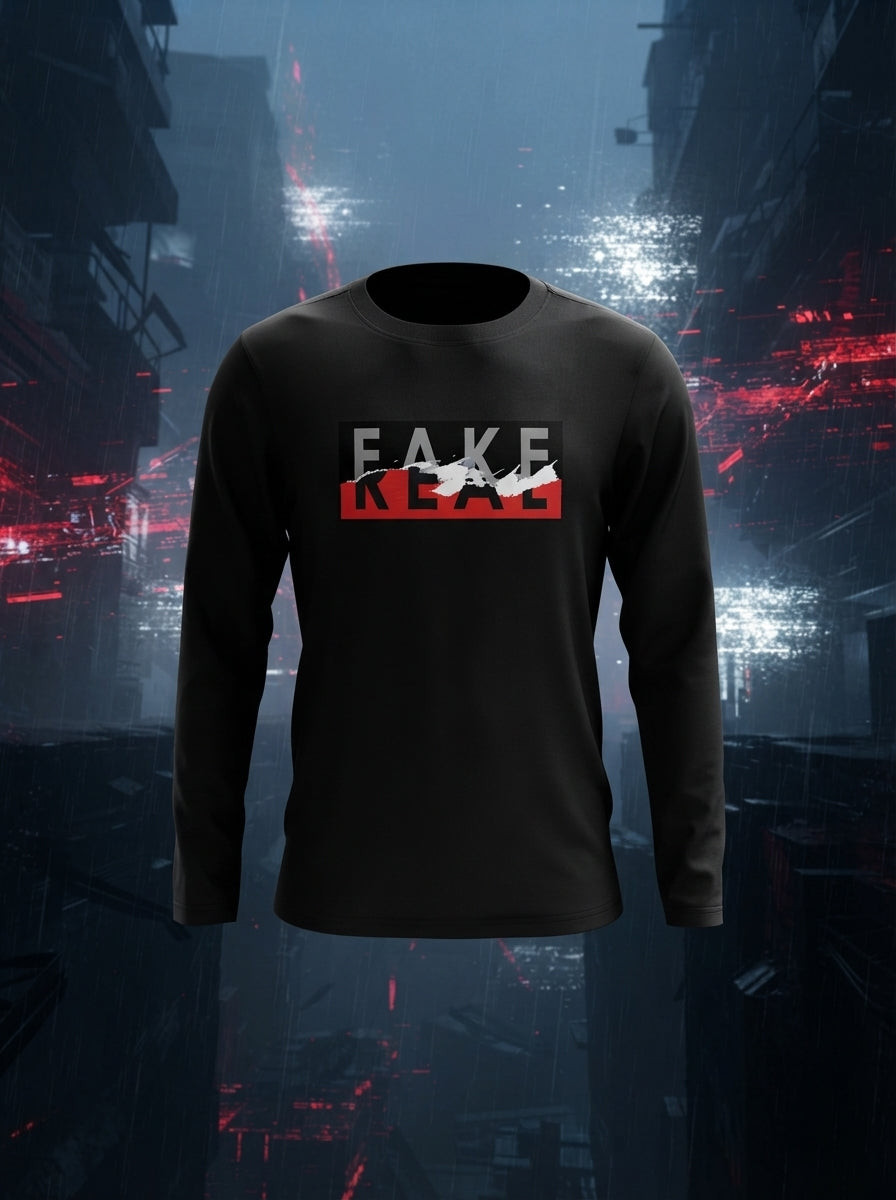 Fake Or Real - Torn Paper Effect Full Sleeves Black T-Shirt