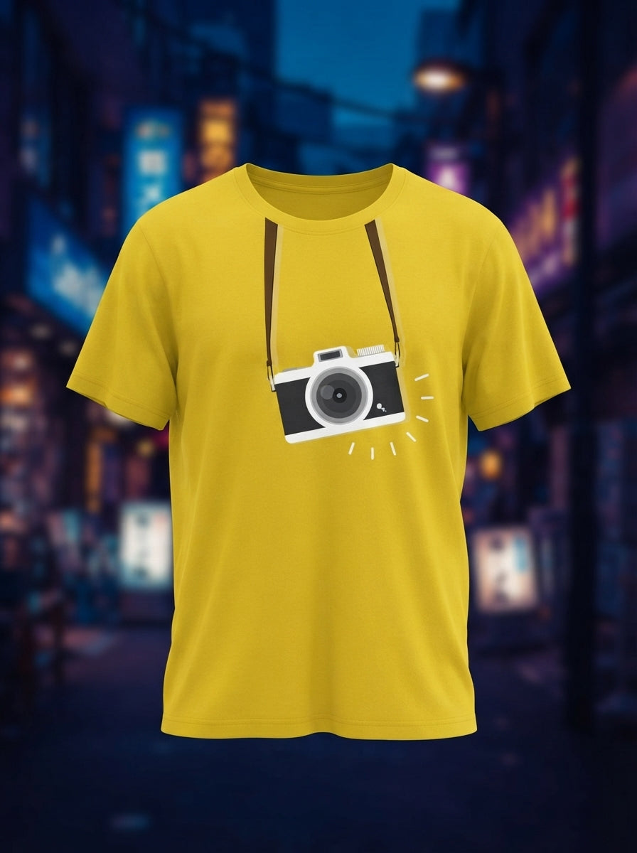 Camera Strap Graphic Printed Yellow Tshirt