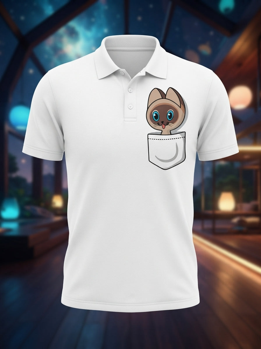 Peeping Cat Pocket Graphics printed - White Premium Polo Tee
