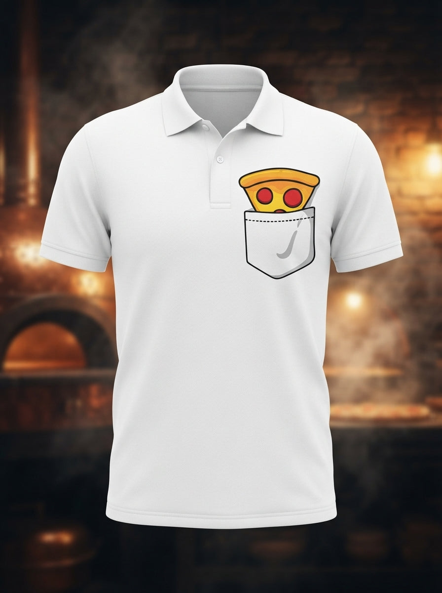 White Premium Polo T-Shirt with Pizza towering out Pocket Print