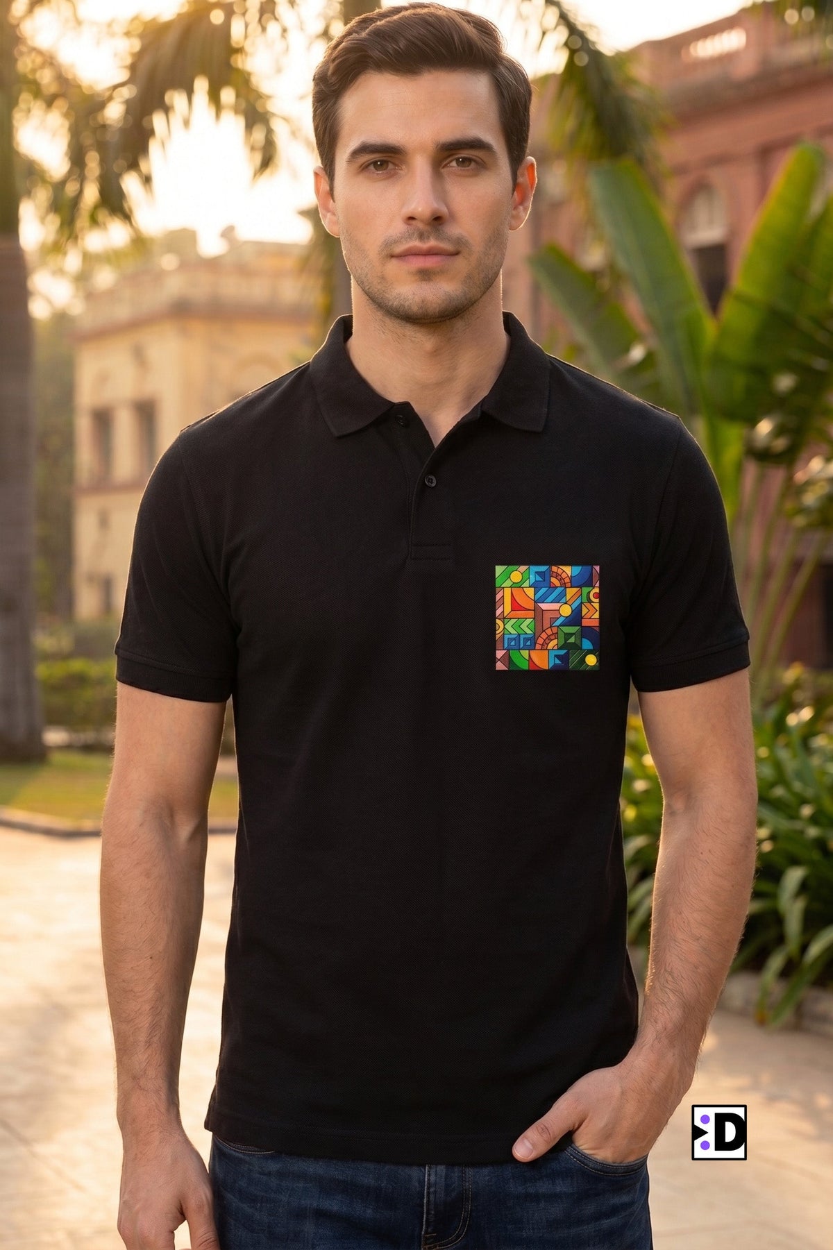 Geometric Mosaic Black Polo